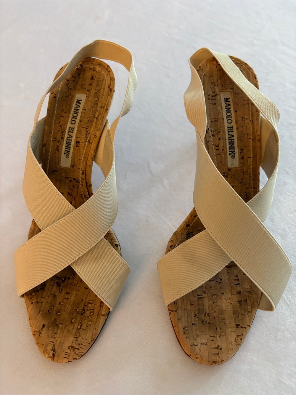 Manolo Blahnik Cork Kitten Heel Elastic Strap Sandals Carrie Bradshaw Women’s